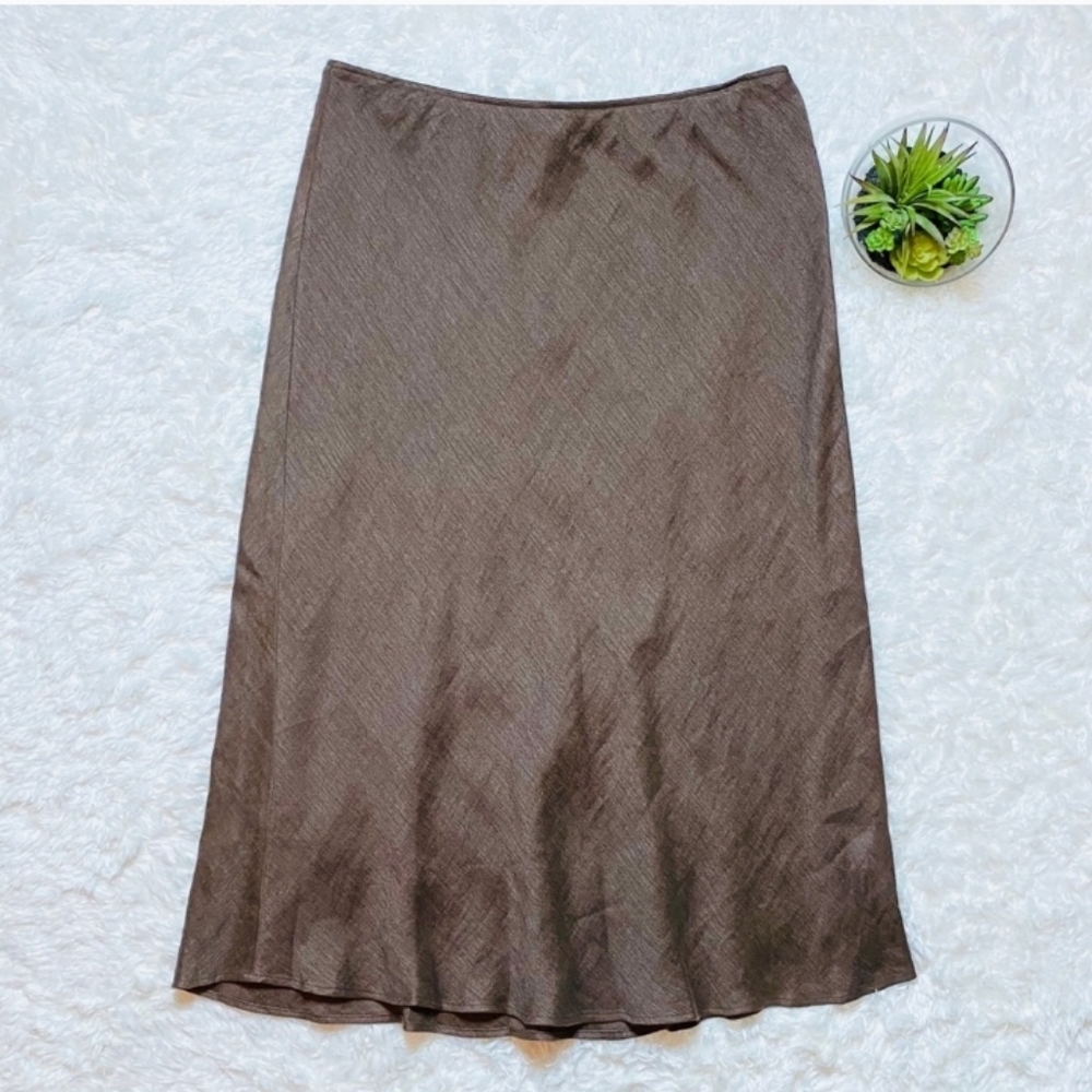 Eileen Fisher Brown Linen Midi Flare Skirt Large